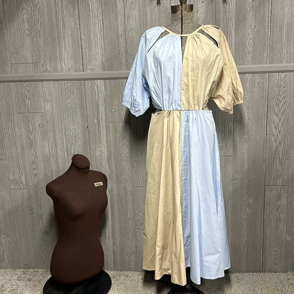 Women’s Mud Pie Blue & Tan Color Block Midi Dress Size L NWT